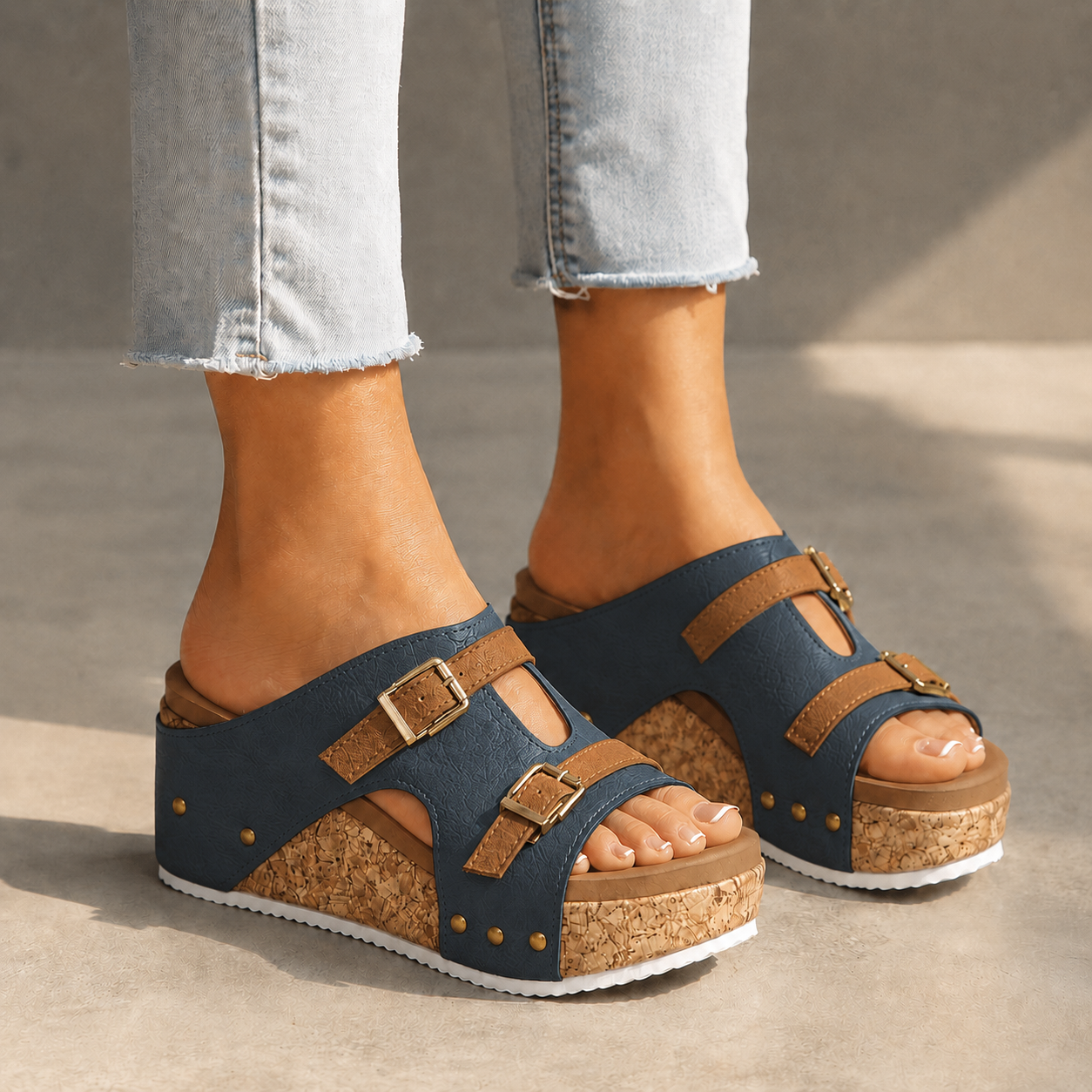 Elara Leather Cork Platform Sandals