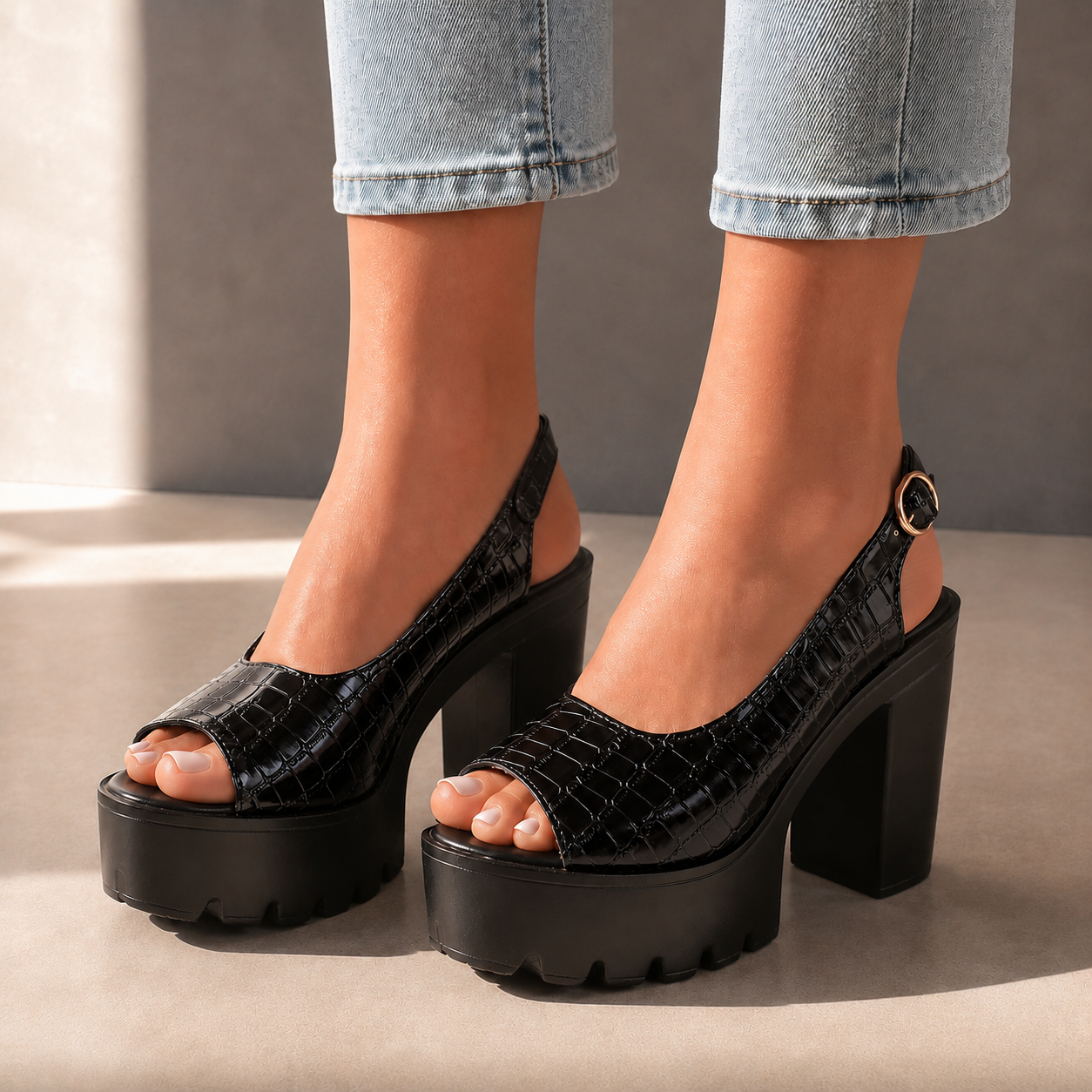 Elise Leather Croc Slingback Heels
