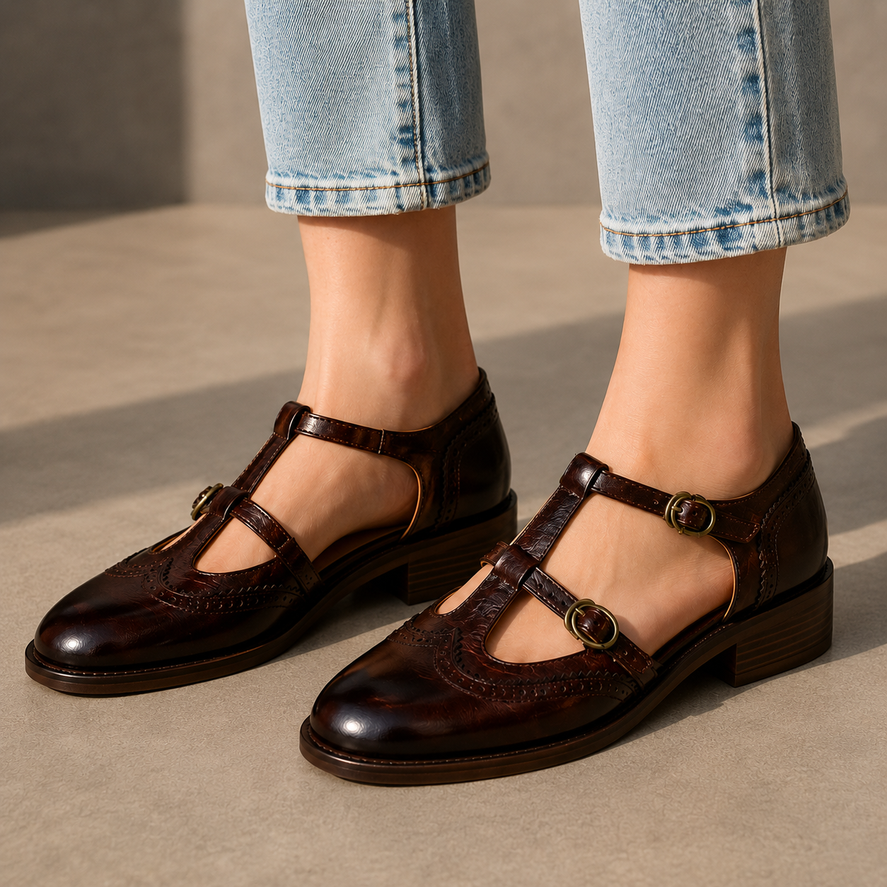 Alessia Leather T-Strap Heels