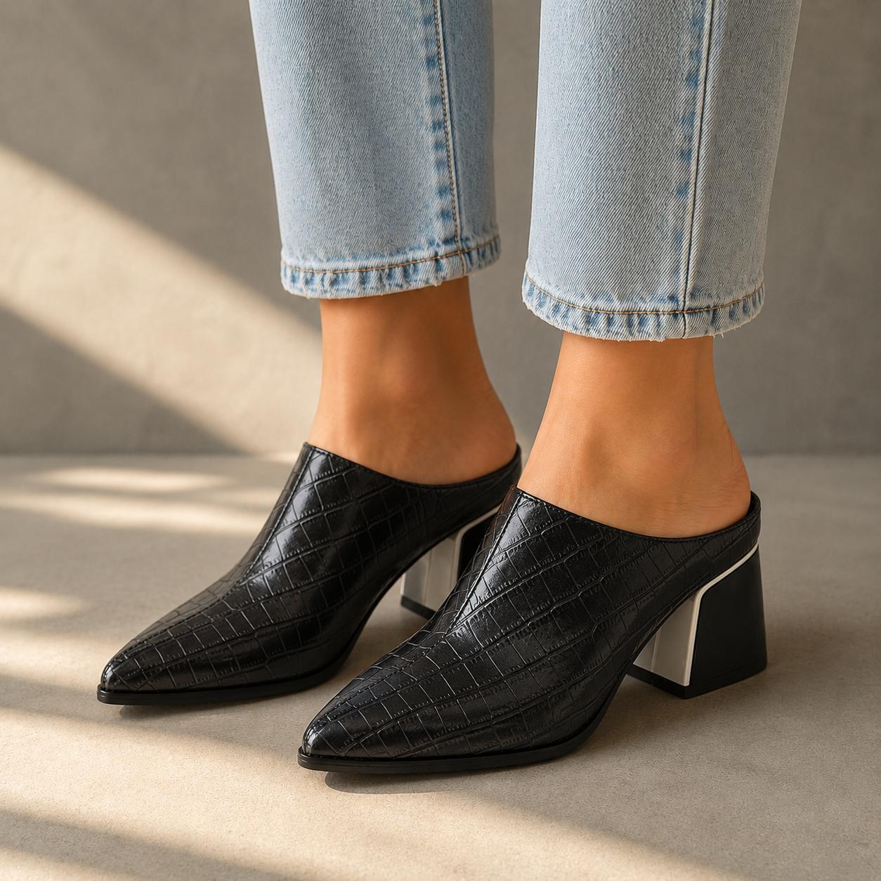 Elara Leather Croc Mules