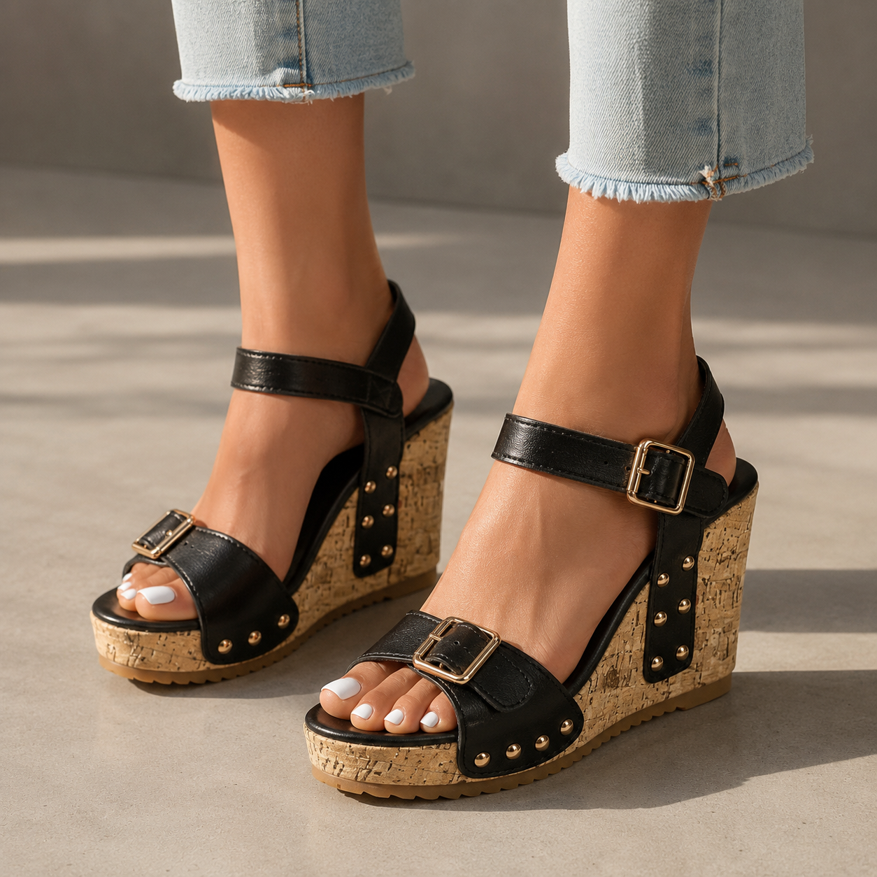 Mirella Leather Cork Wedges
