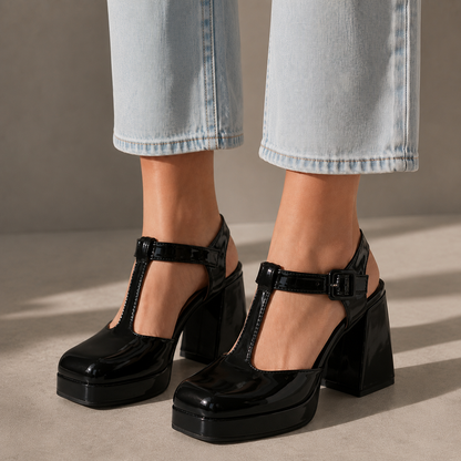Elara Leather T-Strap Platform Heels