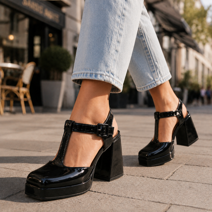 Elara Leather T-Strap Platform Heels
