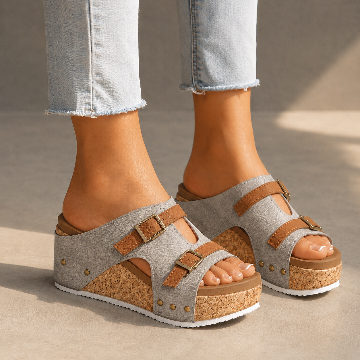 Elara Leather Cork Platform Sandals