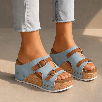 Elara Leather Cork Platform Sandals