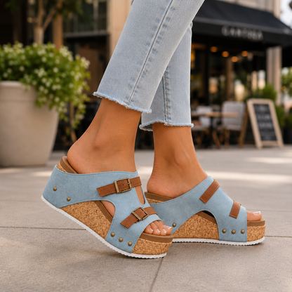 Elara Leather Cork Platform Sandals